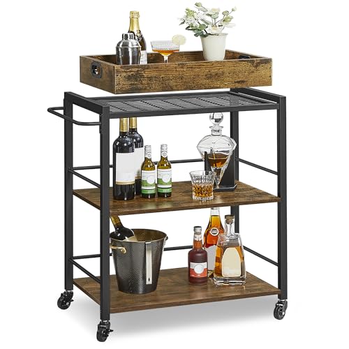 VASAGLE Servierwagen, Küchenwagen, abnehmbares Tablett, mit verstellbaren Füßen und Rollen, Küchenregal, Stahlrahmen, 40 x 72 x 86 cm, Industrie-Design, vintagebraun-schwarz LRC72X