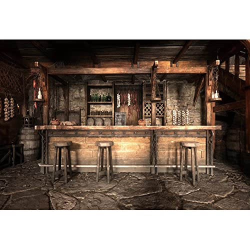 YongFoto 2,5x1,8m Tavernenbar Hintergrund Mittelalterlich Rustikales Saloon-Interieur Holzhocker Steinboden Hängende Kerzen Fotohintergrund für Kinder und Erwachsene Western-Cowboy Foto-Requisiten