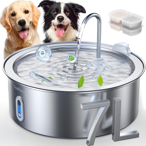 FEELNEEDY 7L Katzenbrunnen Edelstahl, Trinkbrunnen für Hunde mit 2 Filters Geeignet für die Verwendung mit Hunden oder Mehreren Katzen, LED Licht, Spülmaschinenfest