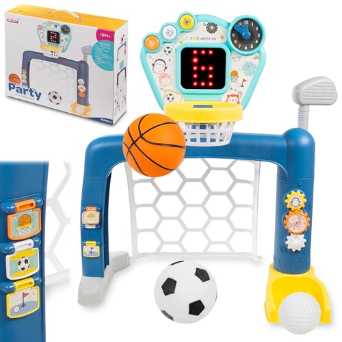 COIL Kinder-Sportzentrum Basketballkörbe für Kinder 3in1 – Interaktives Fußballtor, Basketballkorb, Golfspiel für Kleinkinder, mit LED und Musik, Lernspielzeug ab 18 Monaten, sicherer ABS-Kunststoff