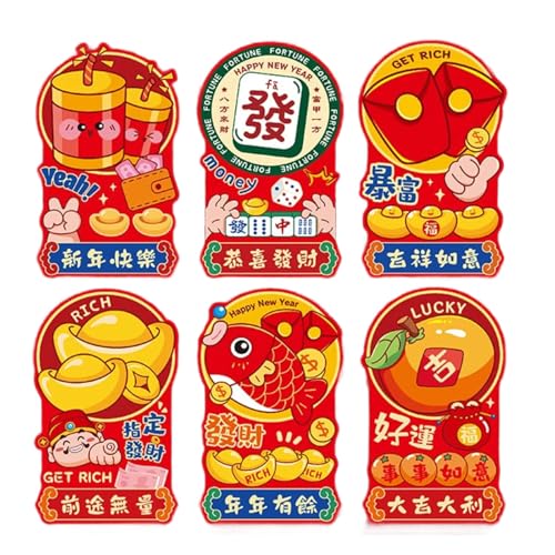 6 x chinesische Neujahrsumschläge, Rötungen, Papier, Geldtasche, Umschläge, Frühlingsfest, Glück, Geldtasche für Neujahr, 6 Stück