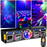 Fwiull 6-in-1 Discolicht Partylicht mit Fernbedienung, Musikgesteuerte RGB DJ Disco Lichter, DMX Party Lichter mit 125 Lichtmuster, RGB und Goldenes Stroboskop für Party, Club, Halloween, Weihnachten