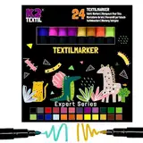 K2 TEXTIL 24 Textilstifte Waschmaschinenfest, Textilmarker zum Bemalen, Textilfarben für Textilien & Schuhe, Stoffmarker - Für Kinder Geeignet (24er Pack)