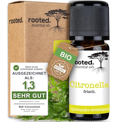 rooted.® BIO Citronellaöl 10ml [100% NATURREIN] - Cymbopogon winterianus - Ätherisches Öl für Aromatherapie, Duftlampe, Diffusoren, Raumduft, Duftkerzen und -Seifen (10ml)