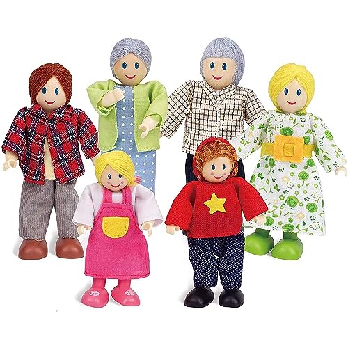 Hape Puppenfamilie Preisgekröntes Puppenfamilien-Set, einzigartiges Zubehör für Puppenhäuser aus Holz, Fantasie-Spiel, 6 Puppenfamilien-Mitglieder