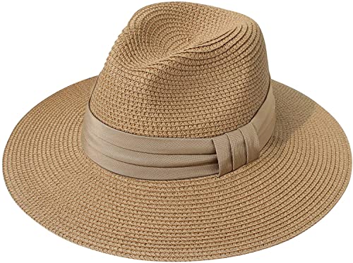 DRESHOW Damen Panama Hut Breiter Krempe Stroh Sommer Fedora Strohhut Panama Aufrollen Hut Strand Rollbar UV Sonnenhut UPF 50 +