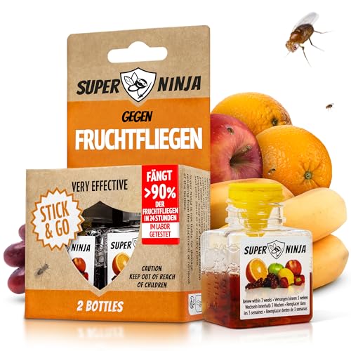 Super Ninja Fruchtfliegenfalle für Innenbereich – 2er-Pack, Wirksame Obstfliegenfalle für Haushalt und Küche, bis zu 3 Wochen Leistung pro Flasche, Kinder-und haustierfreundlich