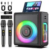HWWR Karaoke Maschine mit 2 drahtlosen Mikrofones, Tragbaren Bluetooth 5.3 Karaoke Anlage Lautsprecher mit RGB-Licht für Hausparty, PA-System für Erwachsene Partybox Unterstützt,TWS