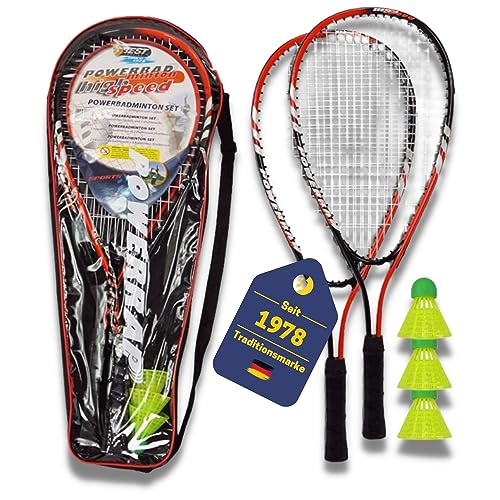 Best Sporting Power Badminton-Set I Federball-Set mit 2 Schläger orange/schwarz & 3 neongelbe Bälle I Speed-Badminton Set Erwachsene & Kinder inkl. Tragetsche