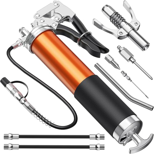 Amyzavls Fettpresse für Schmiernippel,8000PSI Handgriff Einhand Fettpresse, Schwerlastschaft mit Fettpresse Mundstück, Flexschlauch und Metallrohr, Fettpresse für 400g Kartuschen, Orange