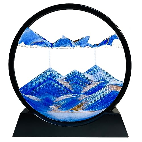 SANDCLE 3D Sandbilder Zum Drehen - Dynamisches Sandbild Runde Glas Rahmen, Bewegliche Sandkunst Landschaft, Fließende Sandmalerei Geschenk für Büro Desktop Ozean Dekoration (Blau, 7")
