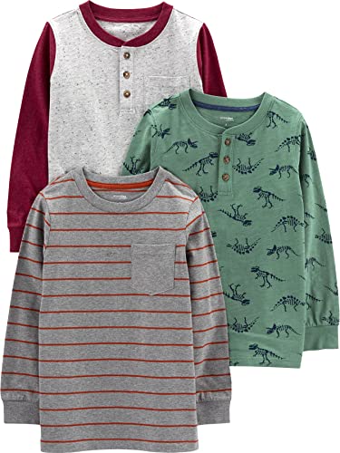Simple Joys by Carter's Jungen Long-Sleeve Shirts, Pack of 3 Hemd, Dunkelgrau Streifen/Fichtengrün Dinosaurier/Grau Punkte, 12 Monate (3er Pack)