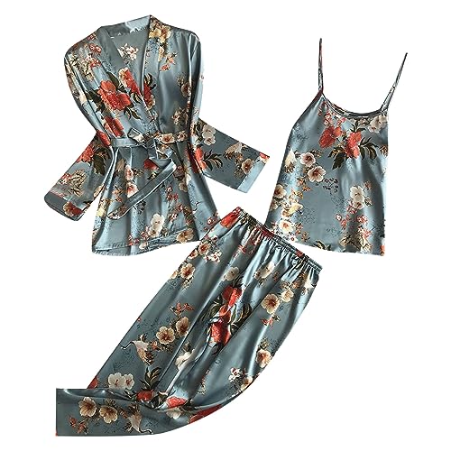 Morgenmantel Damen Satin Damen Homewear Nachthemd Dreiteiliger Anzug Spitzenpyjama-Set Karierte Pyjamahose Morgenmantel Damen Sexy Set Bedruckter Bademantel 3er-Set