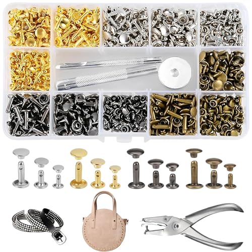 Leder Nieten Set, 360 Set Ledernieten Hohlnieten Metallnieten Doppelkappe Nieten 3 Größen Nieten mit 3 Stück Fixierung Werkzeug Lochzange für DIY Leder Handwerk Tasche Kleidung