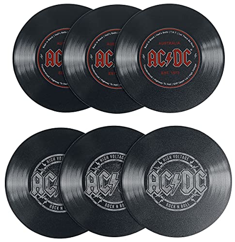 AC/DC Schallplattenunter- Setzer 6-teilig Bedruckt, aus Hart-PVC und rutschfestem Zellkautschuk.