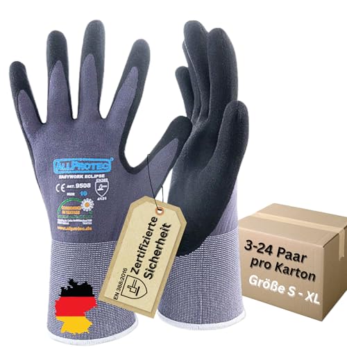 Allprotect Arbeitshandschuhe Herren, Mechaniker-Montagehandschuhe, Wasserdichte Schutzhandschuhe, Werkstatt-Handschuhe, Robust, Atmungsaktiv, Nylon-Nitril-Beschichtung, Größe 7-10, 3-24 Paar