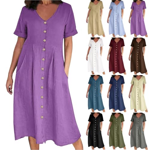 Lässiges Baumwoll-Leinen-Kleid mit V-Ausschnitt und Knopfleiste für Damen, einfarbiges Kurzarm-Maxikleid aus Baumwoll-Leinen in Übergröße mit Tasche (Purple,5XL)