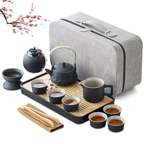 Japanisches Teeset Chinesische Teekanne Set, Gongfu Teeservice, 14 Stück tragbares schwarzes Keramik-Teekannenset mit 6 Teetassen&Tablett, Teekanne Mit Tasse traditionelles Teeservice aus Porzellan