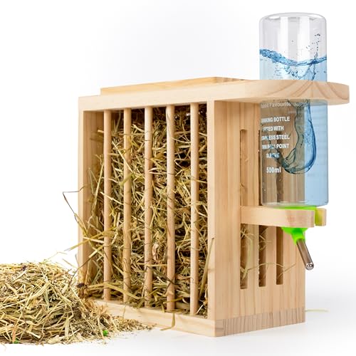Heuraufe inkl. höhenverstellbarer Trinkflasche. Naturholz. Meerschweinchen Heuraufe, Kaninchen, Hasen, Hamster Trinkflasche. Perfekt für Kaninchenstall. Hasen Zubehör Kaninchen Zubehör | Drei Eichen