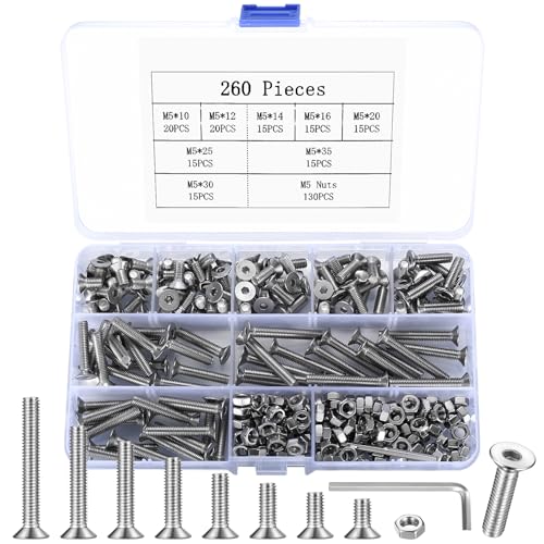260 Stück M5 Schrauben Set, Senkkopfschrauben Muttern Set, Innensechskantschrauben, Edelstahl Maschinenschrauben Sortiment, Zylinderschrauben mit Muttern Kit, Gewindeschrauben (M5)