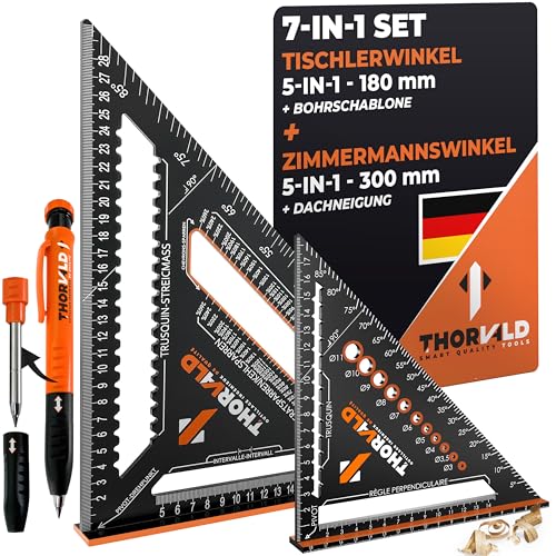THORVALD Zimmermannswinkel 7-in-1 Set 300 mm + 180 mm Winkelmesser Anschlagwinkel - Inkl. Tieflochmarker - Aluminiumwinkel zum präzisen Anreißen & Zeichnen/Multifunktional Perfekt um Zeit zu sparen