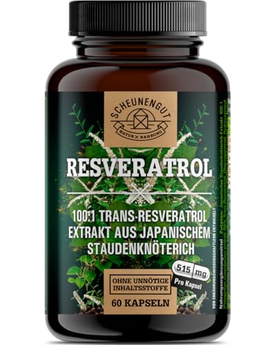 Resveratrol 1000mg -WICHTIG: 100:1 Extrakt (=100000mg jap. Staudenknöterich Wurzel je Tagesdosis) +Piperin -98% Trans-Resveratrol Hochdosiert- Laborgeprüft + Vegan DE SCHEUNENGUT®