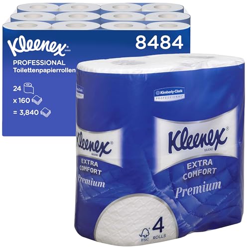 Kleenex Premium Toilettenpapier Rolle 8484, 4-lagiges Toilettenpapier, WC-Papier mit wattierten Blätter aus 100% reinen Fasern, FSC-zertifiziertes Papier, 24 Rollen x 160 (insg. 3.840 Blätter)