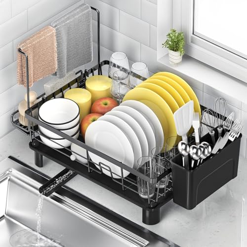 ViviDreamore Abtropfgestell Geschirr mit Besteckhalter & Handtuchstange, 360°Drehbarem Auslauf, Rostfreier Carbonstahl, Platzsparender Küchenorganizer für Teller Tassen Besteck Schwarz