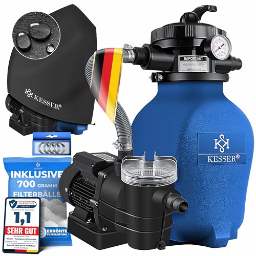 KESSER® Sandfilteranlage Sandfilter + 700g Filterbälle ersetzen 25kg Filtersand 7-Wege Ventil mit Druckanzeige Poolfilter 10 m°/h Filteranlage Filterkessel für Pool 10.200 L/h, Inkl. Wettercover, Blau
