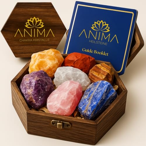 Anima Premium 7 Chakra Kristalle Steine Set – Edelsteine Heilsteine mit Rosenquarz, Amethyst und Lapislazuli in einer Holzbox für Heilung – Spirituelles Geschenk für Frauen mit Anleitungsheft