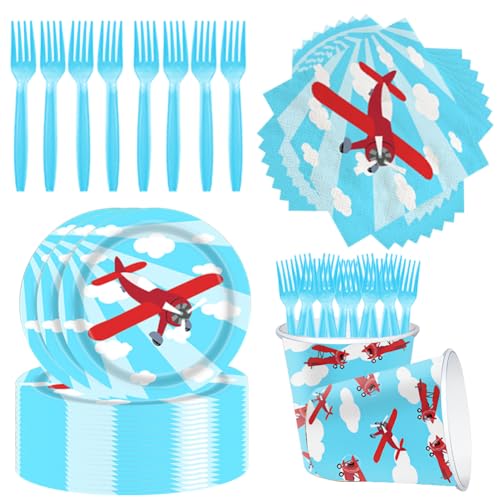 XYPNRTMP 64 Stück Partygeschirr Kindergeburtstag Flugzeuge Party Deko Zubehör Set Papier Geschirrset Flugzeug kindergeburtstag Teller, Servietten, Geschirr für Party Geburtstag Deko