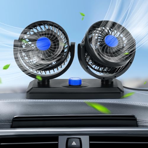 Aytop Tragbarer Auto-Ventilator, 12V/24V Auto-Ventilator Doppelkopf-Ventilator mit 2 Geschwindigkeiten einstellbar 360° Rotation Elektrischer Ventilator mit Zigarettenanzünder (12V Blau)