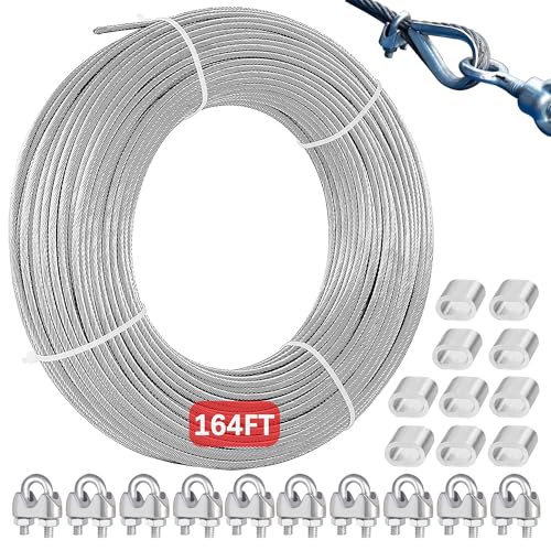 Eachans 2 mm 50m Drahtseil, Edelstahl Stahlseil Drahtseil Spanndraht Ummantelt mit 10 Drahtseilklemme, 304 Edelstahlseil Gardinenseil Wäscheleine für Kletterpflanzen, Lichter Hängen Hängeleuchte