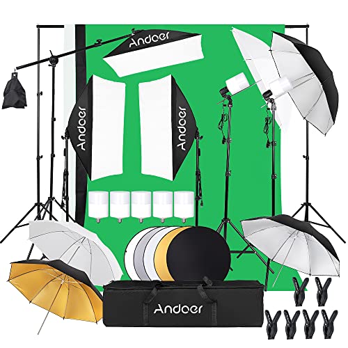 Andoer Studio Softbox Set 2x3M Hintergrundsystem mit 40W 5500K Fotolampe, DREI 50x70cm Softboxen, fünf Fhotoschirm, 2M verstellbares Lichtstativ, für Produkt Portrait grafie und Video Fhotografie