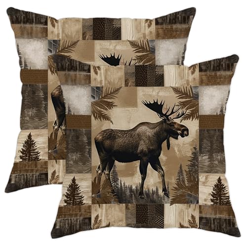 2Er Set Doppelseitige Kissenbezug, Nordwestliche Bäume Kiefern Und Wilde Tiere Elche, Kopfkissenbezug Atmungsaktiv Und Quadratische Kissen Fall Für Bett Büro 45X45cm
