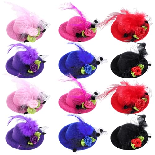 12 Stück Vintage Fascinators 6 Farben Mini Hut Damen Fascinator Gefieder Stirnband für Frauen und Mädchen In Winzige Haarspangen für Teeparty-Halloween/Weihnachten/Karneval (4 Zoll)