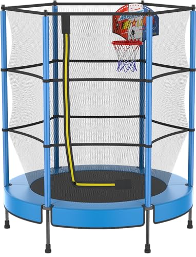 PILIN Kinder Trampolin Jumper 145 cm - Metallfedern, Sicherheitsnetz mit Reißverschluss, Rahmenpolster, Basketballkorb - Indoor Kindertrampolin Spielzeug