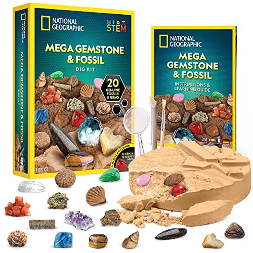 National Geographic Ausgrabungs-Set für Riesen-Fossilien und Edelsteine - Grabe 20 echte Fossilien und Edelsteine Aus, tolles wissenschaftliches Mint-Geschenk für Geologie-Enthusiasten jeden Alters