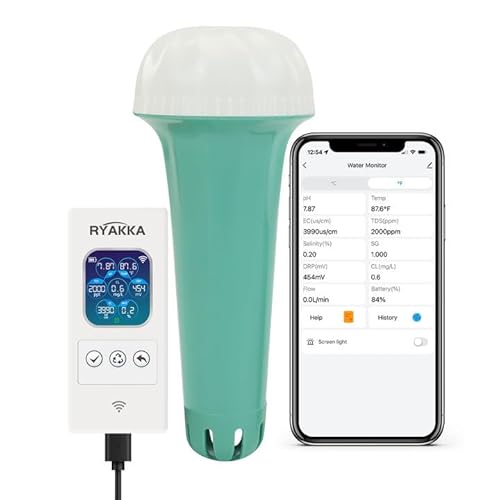 RYAKKA Digital Pooltester für Chlor,PH,SAL,Temp,ORP,EC,TDS 7-in-1 Rapid Messgerät WIFI Wassertester mit App Automatische Meldung Wasseranalysator für Whirlpools & Spa