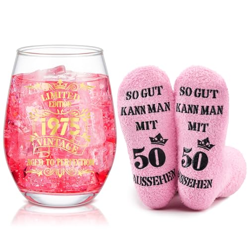 Nuenen Lustige Geschenke für Frauen zum 50. Geburtstag Inklusive 1975 Weinglas mit Gravur zum 50. Geburtstag und 50. Geburtstagssocken Rotweinglas und Strümpfe Geschenk für Damen Jahrgang 1975