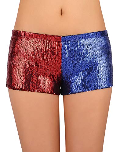 HDE Damen Rot und Blau Metallic Pailletten Booty Shorts für Harley Misfit Halloween Kostüm, rot/blau, Mittel