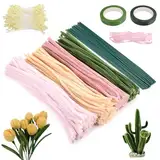 400 Stück Pfeifenputzer zum Basteln Blumen, Pfeifenreiniger Blumen Set, Tulpe Pipe Cleaner Flower Set, Blumenstrauß DIY Pipe Cleaners mit Staubgefäße, Blumenband, Blumendraht, Staubblatt,usw