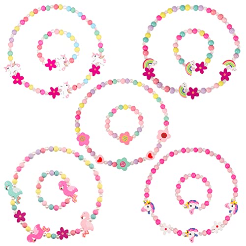RosewineC 10 Stück Holz Kinder Schmuck Set, Mädchen Schmuck Halskette und Armband Set, Regenbogen und Einhorn Perlen Holzkette Perlenkette für Kinder Mädchen, Prinzessin Mädchen Dress Up Set