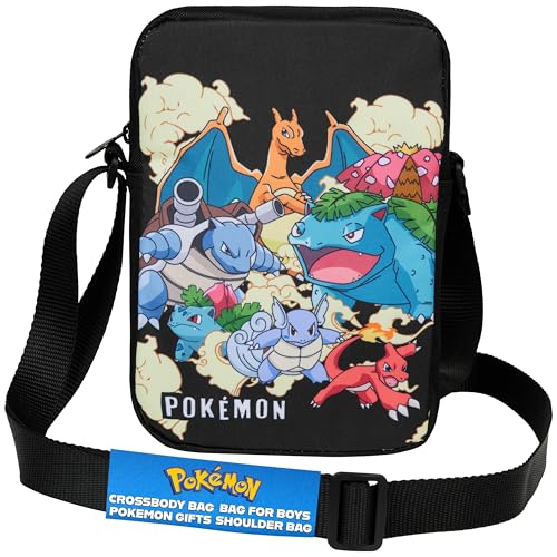Pokemon Umhängetasche Kinder Jungen Teenager, Pikachu Gengar Kleine Handtasche zum Umhängen Schultertasche Urlaub Schule Handy Bargeld (20x14x6cm, Schwarz)
