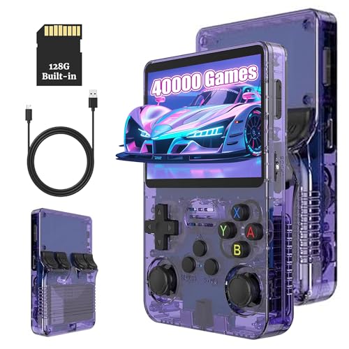 KINMRIS R36S Retro Handheld Spielkonsole, Retro Konsole 3,5-Zoll-IPS-Bildschirm, 128 G über 40.000 Spiele, tragbare Spielkonsole für Kinder und Erwachsene, unterstützt mehrere Emulatoren (Lila)