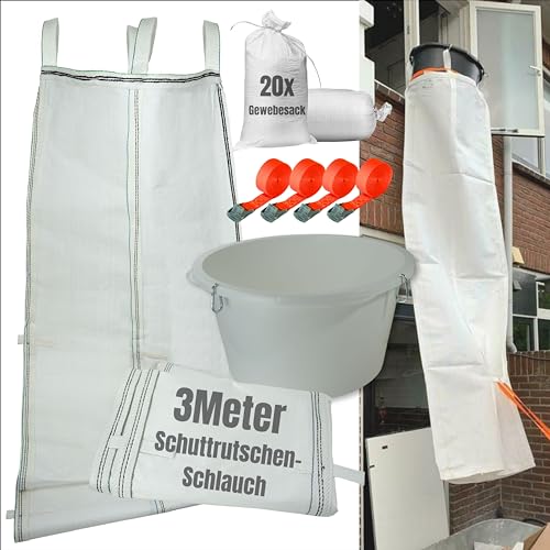 Schuttrutsche 3m | flexible 3 Meter Schlauch, hohe Stabilität, einfache Installation | Bauschuttrutsche inkl. Einfülltrichter, 20x Gewebesack und 4x Spanngurt optimales SET
