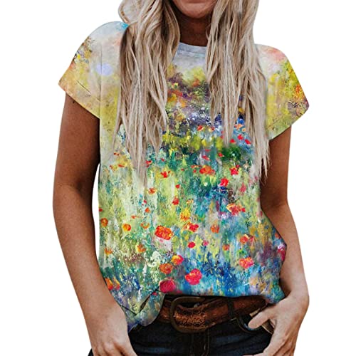 Top Damen Kurzarm Sommer Locker Damen Sommer Casual Bedruckt Kurzarm Rundhals locker lässig T-Shirt Top Damen T-Shirt mit Druck (Red, M)