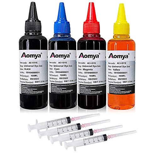 Aomya 400ml Universal-Farbstofftinte Nachfüllset für HP Canon Epsn Brother Lexmark Drucker, kompatible Patronen, nachfüllbare Kartusche CISS CIS System 4 Farben Set mit 4 Spritzen (BK, C, M, Y)