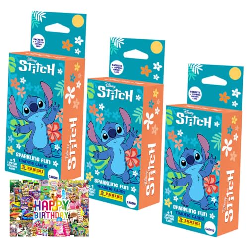 Bundle mit Panini Stitch Karten - (2025) Stitch Trading Cards Sammelkarten - 3 Blister + Exklusive Geburtstagskarte