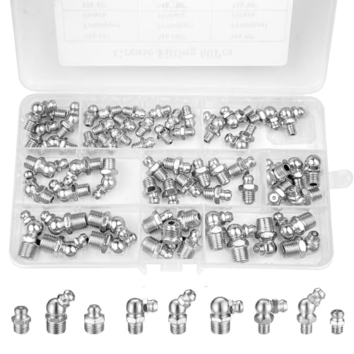 Ceisazira 60 Stück schmiernippel sortiment, Kit Kegelschmiernippel für Schmierpressen, Abschmiernippel Kegelnippel Set M6 M8 M10, Gerader Hydraulik Fettnippel 45 ° 90 ° 180 ° mit Aufbewahrungsbox
